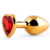 Золотистая анальная пробка с красным стразом-сердечком - 8 см. - Anal Jewelry Plug - купить с доставкой в Орехово-Зуево