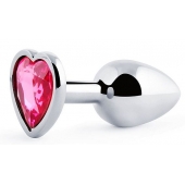 Серебристая анальная пробка с розовым кристаллом-сердечком - 7 см. - Anal Jewelry Plug - купить с доставкой в Орехово-Зуево