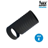 Черная открытая насадка на пенис с кольцом для мошонки L-size - 8,5 см. - Sex Expert - в Орехово-Зуево купить с доставкой