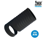 Черная открытая насадка на пенис с кольцом для мошонки XXL-size - 9,4 см. - Sex Expert - в Орехово-Зуево купить с доставкой