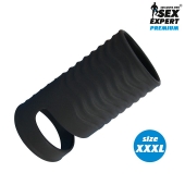 Черная открытая насадка на пенис с кольцом для мошонки XXXL-size - 9,9 см. - Sex Expert - в Орехово-Зуево купить с доставкой