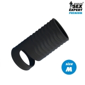 Черная открытая насадка на пенис с кольцом для мошонки size M - 7,9 см. - Sex Expert - в Орехово-Зуево купить с доставкой