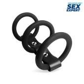Черное тройное эрекционное кольцо с ремешком - Sex Expert - в Орехово-Зуево купить с доставкой