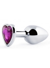 Серебристая анальная пробка с фиолетовым кристаллом-сердечком - 8 см. - Anal Jewelry Plug - купить с доставкой в Орехово-Зуево