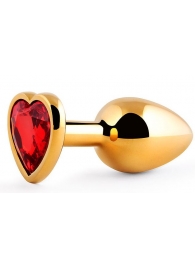 Золотистая анальная пробка с красным стразом-сердечком - 8 см. - Anal Jewelry Plug - купить с доставкой в Орехово-Зуево