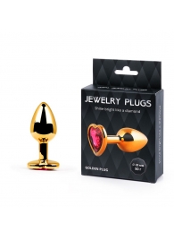 Золотистая анальная пробка с малиновым кристаллом-сердечком - 7 см. - Anal Jewelry Plug - купить с доставкой в Орехово-Зуево