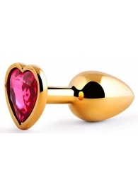 Золотистая анальная пробка с малиновым кристаллом-сердечком - 7 см. - Anal Jewelry Plug - купить с доставкой в Орехово-Зуево