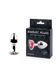 Серебристая анальная пробка с малиновым кристаллом-сердечком - 7 см. - Anal Jewelry Plug - купить с доставкой в Орехово-Зуево
