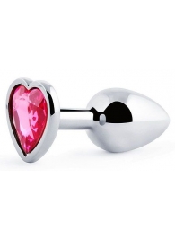 Серебристая анальная пробка с малиновым кристаллом-сердечком - 7 см. - Anal Jewelry Plug - купить с доставкой в Орехово-Зуево