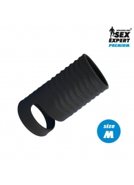 Черная открытая насадка на пенис с кольцом для мошонки size M - 7,9 см. - Sex Expert - в Орехово-Зуево купить с доставкой