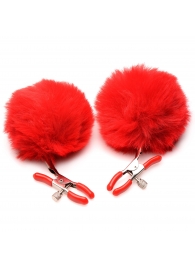 Красные зажимы на соски с помпонами Pom Pom - XR Brands - купить с доставкой в Орехово-Зуево
