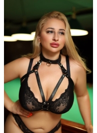 Черная кожаная сбруя с ошейником plus size из нежной кожи - БДСМ Арсенал - купить с доставкой в Орехово-Зуево