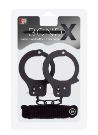 Чёрные наручники из листового металла в комплекте с веревкой BONDX METAL CUFFS LOVE ROPE SET - Dream Toys - купить с доставкой в Орехово-Зуево