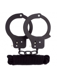 Чёрные наручники из листового металла в комплекте с веревкой BONDX METAL CUFFS LOVE ROPE SET - Dream Toys - купить с доставкой в Орехово-Зуево