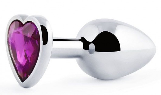 Серебристая анальная пробка с фиолетовым кристаллом-сердечком - 8 см. - Anal Jewelry Plug - купить с доставкой в Орехово-Зуево