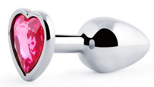Серебристая анальная пробка с розовым кристаллом-сердечком - 7 см. - Anal Jewelry Plug - купить с доставкой в Орехово-Зуево