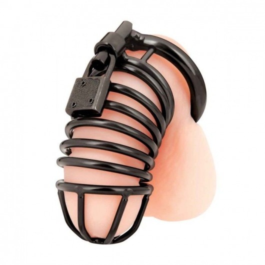 Черная металлическая клетка с замком Deluxe Chastity Cage - BlueLine - купить с доставкой в Орехово-Зуево