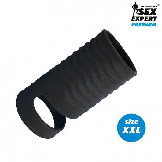 Черная открытая насадка на пенис с кольцом для мошонки XXL-size - 9,4 см. - Sex Expert - в Орехово-Зуево купить с доставкой