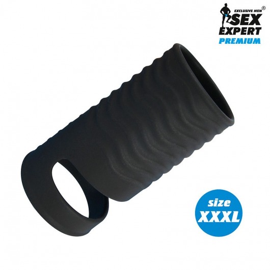 Черная открытая насадка на пенис с кольцом для мошонки XXXL-size - 9,9 см. - Sex Expert - в Орехово-Зуево купить с доставкой