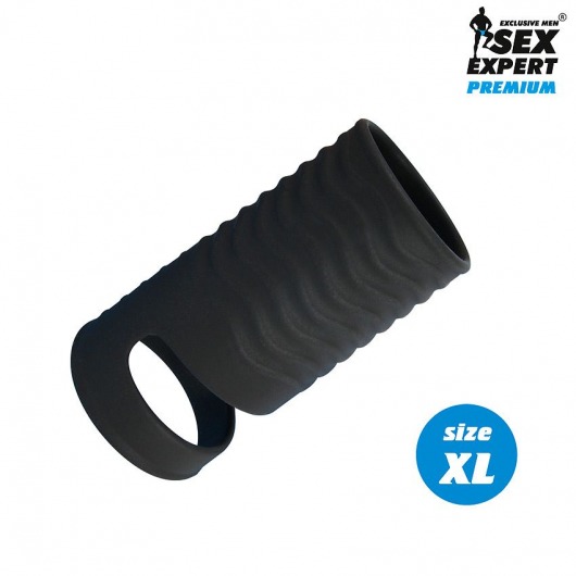 Черная открытая насадка на пенис с кольцом для мошонки XL-size - 8,9 см. - Sex Expert - в Орехово-Зуево купить с доставкой