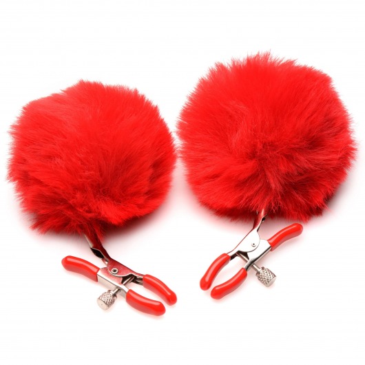Красные зажимы на соски с помпонами Pom Pom - XR Brands - купить с доставкой в Орехово-Зуево