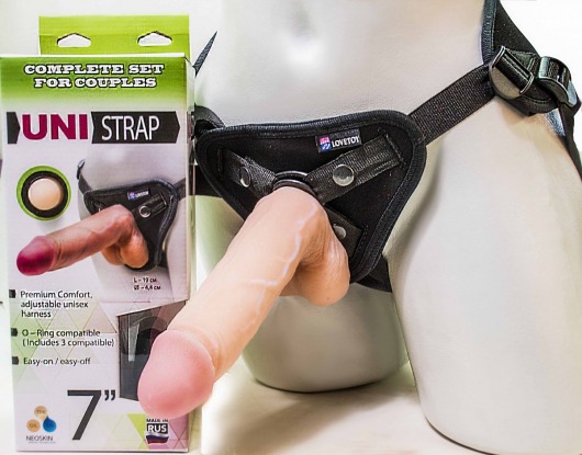Страпон-унисекс с двумя насадками UNI strap 7  Harness - 19 и 16 см. - LOVETOY (А-Полимер) - купить с доставкой в Орехово-Зуево