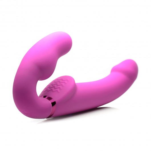 Розовый безремневой страпон с вибрацией и функцией расширения Inflatable Ergo-Fit Strapless Strap-On - XR Brands - купить с доставкой в Орехово-Зуево