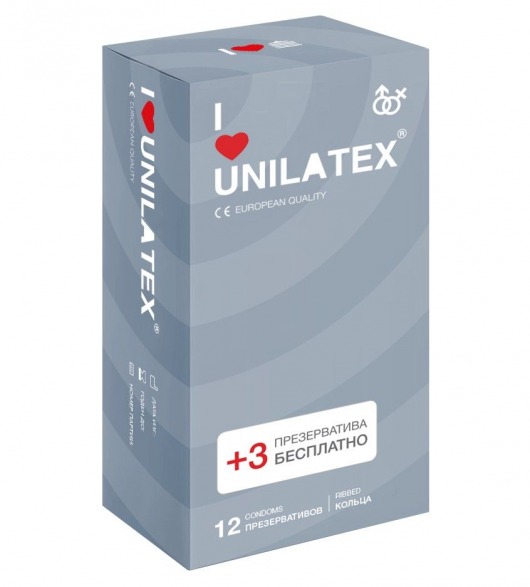 Презервативы с рёбрами Unilatex Ribbed - 12 шт. + 3 шт. в подарок - Unilatex - купить с доставкой в Орехово-Зуево